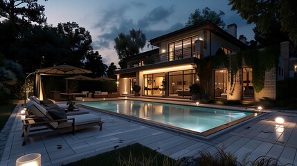 Fototapeta premium Luxury villa with swimming pool and patio furnitures at night