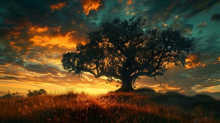 Fototapeta na wymiar A large tree stands in a field with a beautiful sunset in the background. The sky is filled with clouds, and the sun is setting, casting a warm glow over the scene
