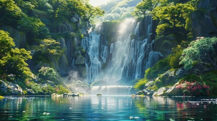 A waterfall is flowing into a lake surrounded by trees. The water is clear and calm, and the sunlight is shining on the water, creating a peaceful and serene atmosphere