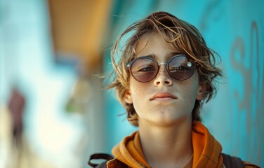 Fototapeta na wymiar Young Boy Wearing Sunglasses and Hoodie