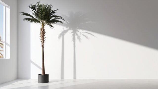 Green plant Areca in a flowerpot on a against a white wall background