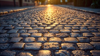 A close up of a cobblestone street at night. The street is illuminated by the sun, casting a warm glow on the stones. Concept of nostalgia and tranquility - obrazy, fototapety, plakaty