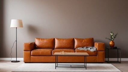 Interior design modern bright room with leather brown sofa