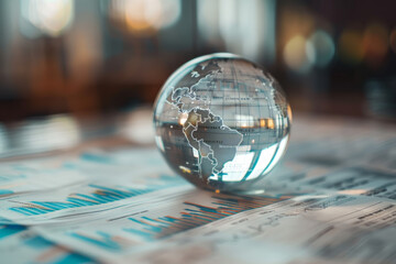 A crystal globe placed over financial charts from newspapers - obrazy, fototapety, plakaty