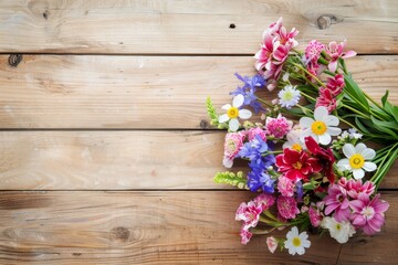 Spring Blossoms: Colorful Flower Bouquet on Wooden Background