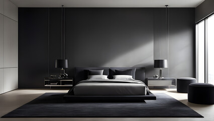 This is an image of an interior bedroom with black as the main color. Generative AI. - obrazy, fototapety, plakaty