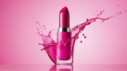 lipstick on a pink background and pink splashes, advertising photo, studio shooting