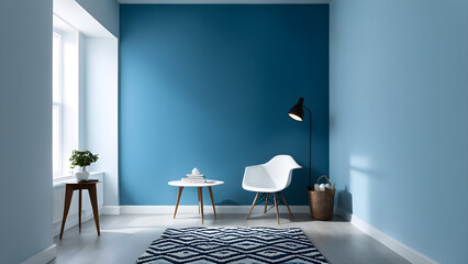 This is an image of a living room interior with sky blue as the main color.