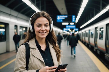Portrait of a Smiling young woman standing on a metro station platform listening to music on her cellphone