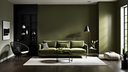 This is an image of a living room interior with olive green as the main color. generative ai.