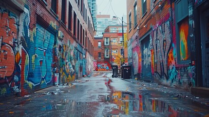 A graffiti covered alleyway with a puddle of water in the middle. The alleyway is filled with graffiti and trash, giving it a somewhat run down and abandoned appearance - obrazy, fototapety, plakaty