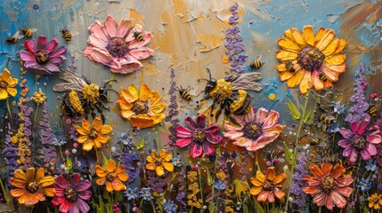 A painting of a field of flowers with bees and butterflies. The painting is full of bright colors and has a cheerful, lively mood. The bees and butterflies are scattered throughout the painting