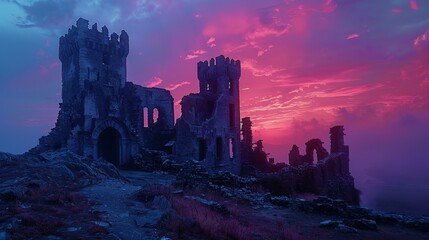 A castle with a purple sky in the background. The castle is old and abandoned - obrazy, fototapety, plakaty