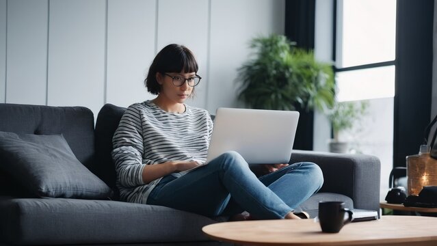Beautiful young girl using laptop while sitting on sofa. Female freelancer working from home on notebook. Modern business woman concept.