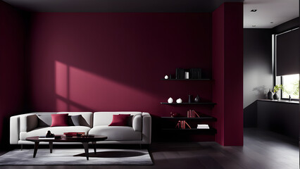 This is an image of a living room interior with red and burgundy as the main colors. generative ai.