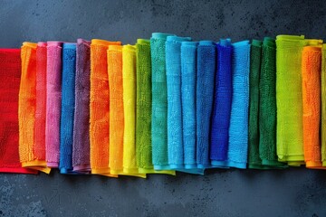 Colorful array of microfiber cloths lined up on a grey surface. Spring cleaning concept.