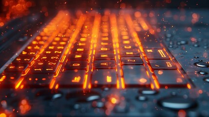 Delve into the mesmerizing texture of a high-tech laptop's keyboard, capturing every key's precision and the soft glow of backlit letters.