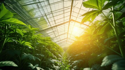 The sunlight filters through the windows of a greenhouse, illuminating a lush garden filled with thriving terrestrial plants. AIG41 - obrazy, fototapety, plakaty