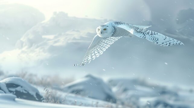 A white owl is flying through the snow. The image has a serene and peaceful mood, as the owl is soaring through the sky with the snow-covered landscape below