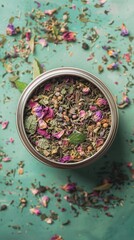 Naklejka na ściany i meble Dried flower leaves of herbal tea in a tin jar, top view.
