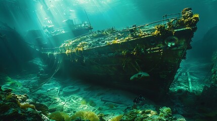 Dive into the mysterious depths where sunken ships become the canvases for flourishing marine life, a testament to nature's resilience.