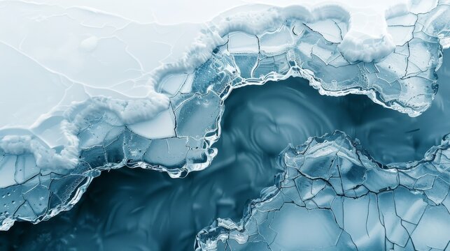 A blue and white image of a frozen ocean with a crack in the ice. The crack is filled with water, and the water is flowing out of the crack. Concept of movement and energy