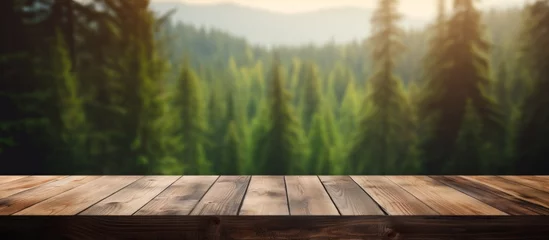 Foto op Aluminium A beautiful hardwood table placed in a natural landscape with a forest in the background. The grass, trees, and sky complete the picturesque scene © AkuAku