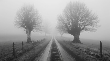 A foggy road with three trees in the background. Scene is somber and quiet