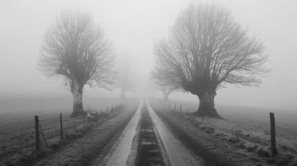 Foto op Plexiglas A foggy road with three trees in the background. Scene is somber and quiet © Rattanathip