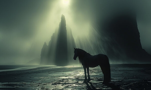 beautiful horses in a impressive beath taking landscape, generative ai