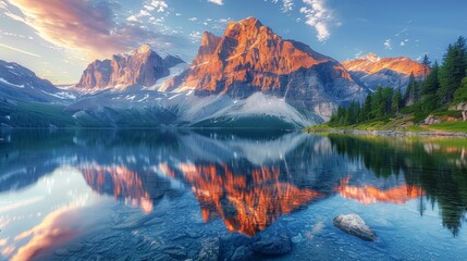 A beautiful mountain lake with a reflection of the mountains in the water. The sky is a mix of blue and orange hues, creating a serene and peaceful atmosphere - obrazy, fototapety, plakaty