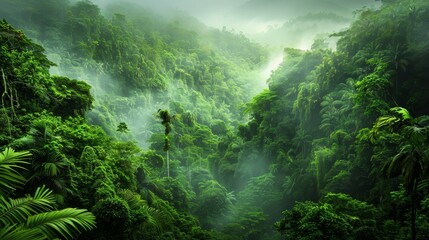 A lush green forest with a misty atmosphere. The trees are tall and dense, creating a sense of depth and mystery. The fog adds to the overall mood of the scene, making it feel serene and peaceful - obrazy, fototapety, plakaty
