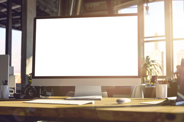 Blank computer screen on work desk in bright light modern office --ar 3:2 --v 6 Job ID:...