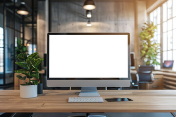 Blank wide computer screen on desktop in bright light modern empty office --ar 3:2 --v 6 Job ID: a3d875ef-4916-4e6a-b56c-720b8b3b8890