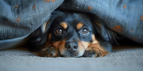 Fearful dog hiding under sofa during thunderstorm seeking comfort and safety from loud noises. Concept Anxious Pets, Thunderstorm Anxiety, Seeking Comfort, Pet Safety, Overcoming Fear - obrazy, fototapety, plakaty