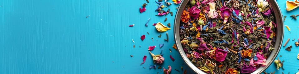 Dried flower leaves of herbal tea in a tin jar, top view. - obrazy, fototapety, plakaty