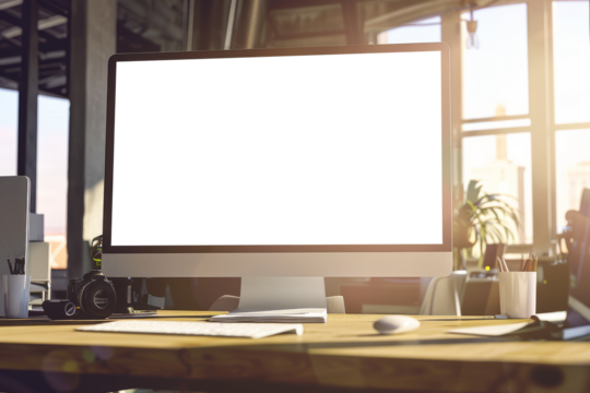 Blank computer screen on work desk in bright light modern office --ar 3:2 --v 6 Job ID: f79c2473-69d0-4fc4-8ede-8568b7a4e395