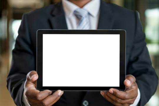 Business man holding in hands tablet computer with blank screen --ar 3:2 --v 6 Job ID: 7944797f-511d-4eb1-929b-c1a41fdc4149