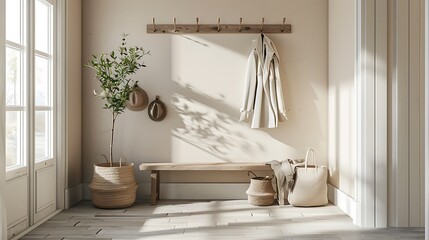 Nordic farmhouse hallway in white and beige tones wooden bench and coat rack - obrazy, fototapety, plakaty