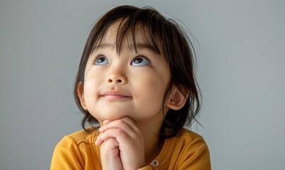 A contemplative Chinese girl child gazes sideways against a soft studio backdrop