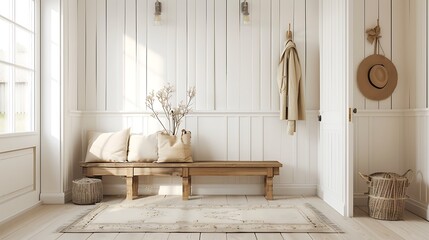 Nordic farmhouse hallway in white and beige tones wooden bench and coat rack - obrazy, fototapety, plakaty