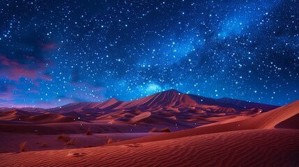 A desert landscape with a starry sky and a mountain in the background. The sky is filled with stars and the mountains are in the distance. The scene is peaceful and serene
