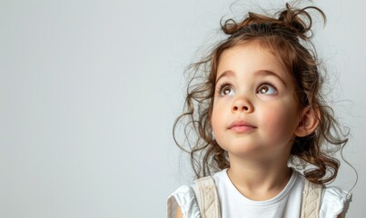 Thoughtful little girl, six year old daughter, looking away at copy space, thinking isolated on gray beige background, funny child planning some joke, concept image