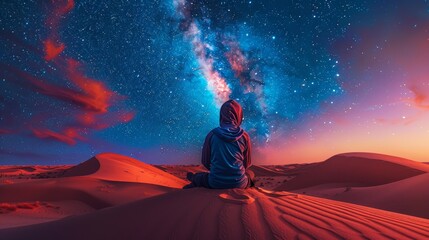 A person is sitting on a sandy desert landscape, looking up at the stars. The scene is peaceful and serene, with the vast expanse of the desert and the twinkling stars above creating a sense of wonder