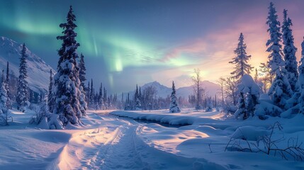 Fototapeta premium A snowy landscape with a river and trees. The sky is filled with auroras, creating a serene and peaceful atmosphere