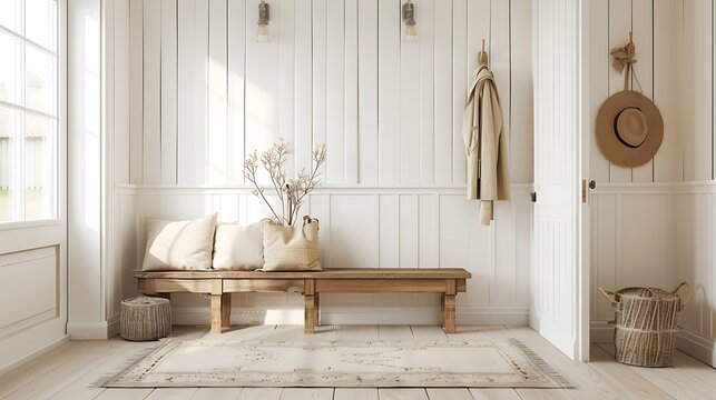 Nordic farmhouse hallway in white and beige tones wooden bench and coat rack