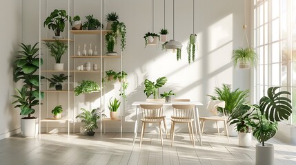 Plants on racks and floor covering in white condo inside with seats at eating table under light