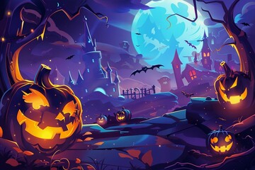a halloween scene with pumpkins and bats