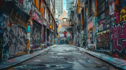 A graffiti covered alleyway with a few buildings in the background. The alleyway is empty and the graffiti is mostly in shades of blue and red - obrazy, fototapety, plakaty