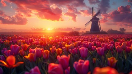 A field of red and orange tulips with a large windmill in the background. The sun is setting, casting a warm glow over the scene. The windmill is a symbol of progress and innovation